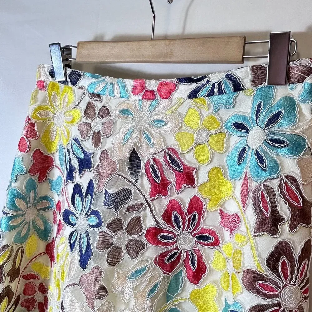 Eva Franco Anthropologie Women's Colorful Floral Embroidered Midi Skirt Size 10
